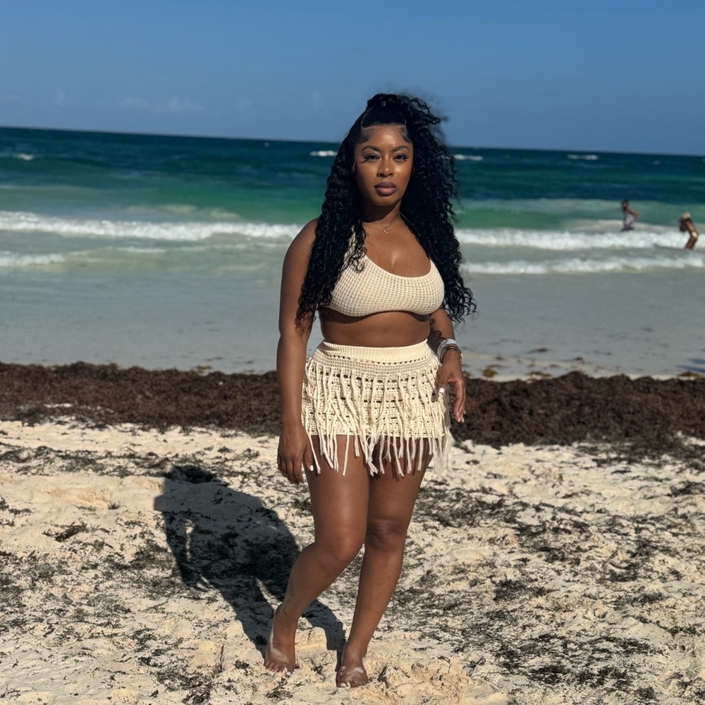 Beige Crochet Bikini Set with Fringe Skirt